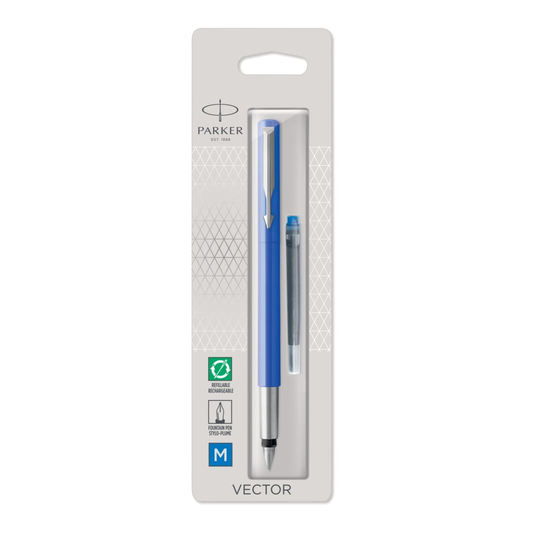 Parker Vector Fountain Pen, Blue with Chrome Trim, Medium Nib, Blue Ink, Hangtab