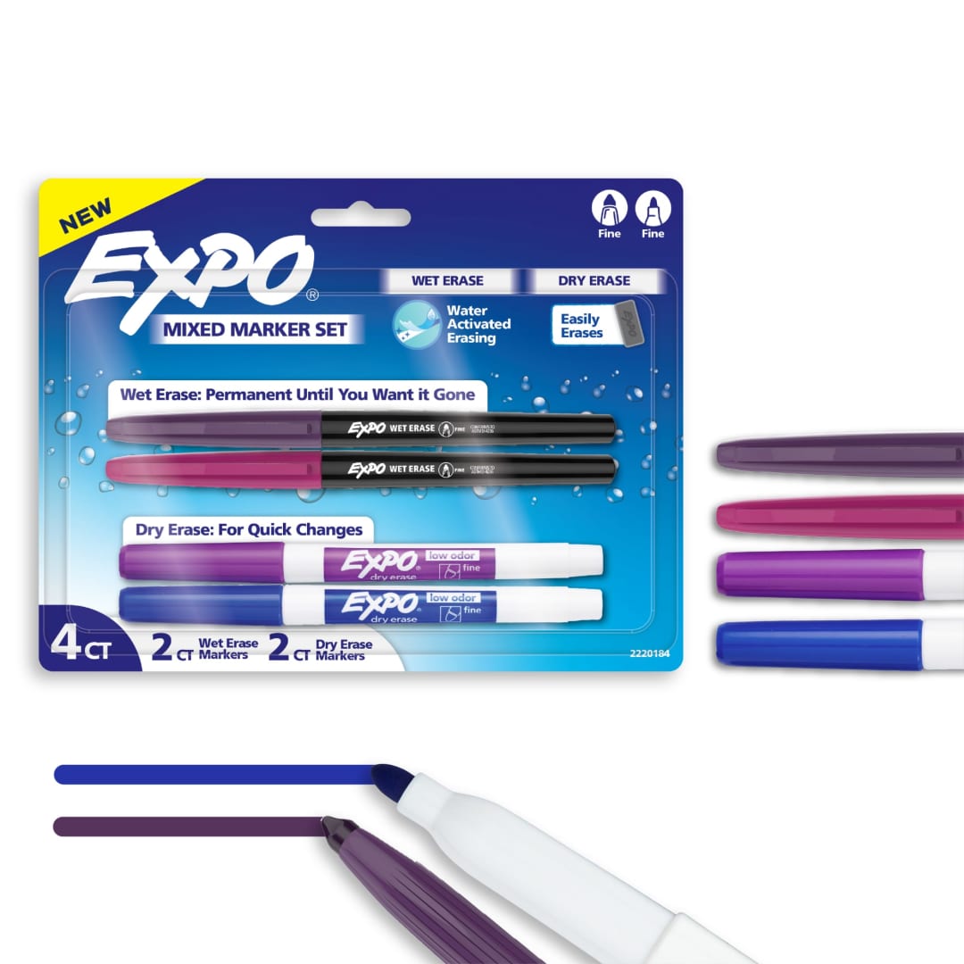 EXPO Markers Variety Pack, Features Dry Erase and Wet Erase Markers, Fine Tip, Purple Shades, 4 Count
