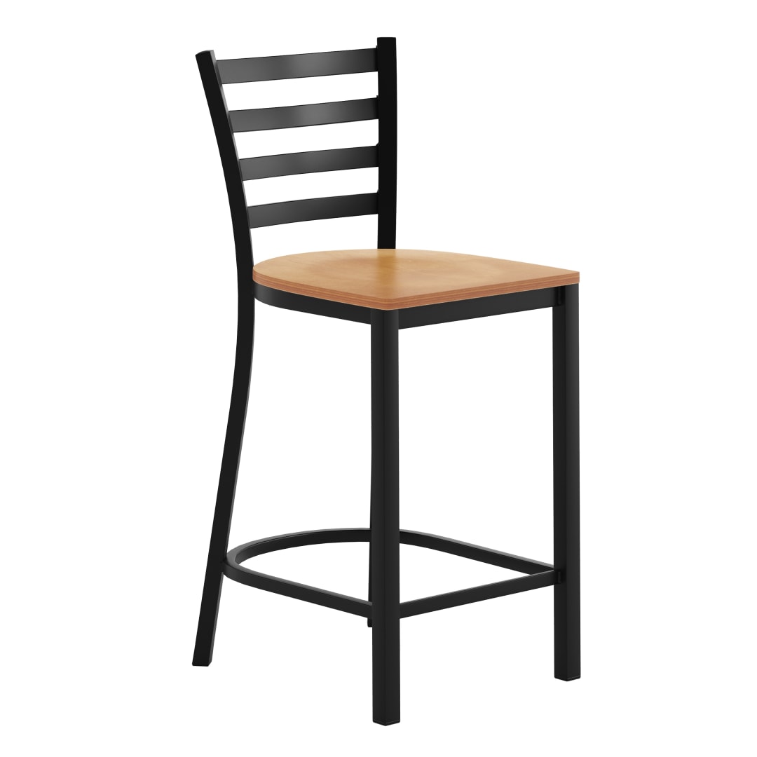 HERCULES Black Ladder Back Metal Restaurant Counter Stool - Natural Wood Seat