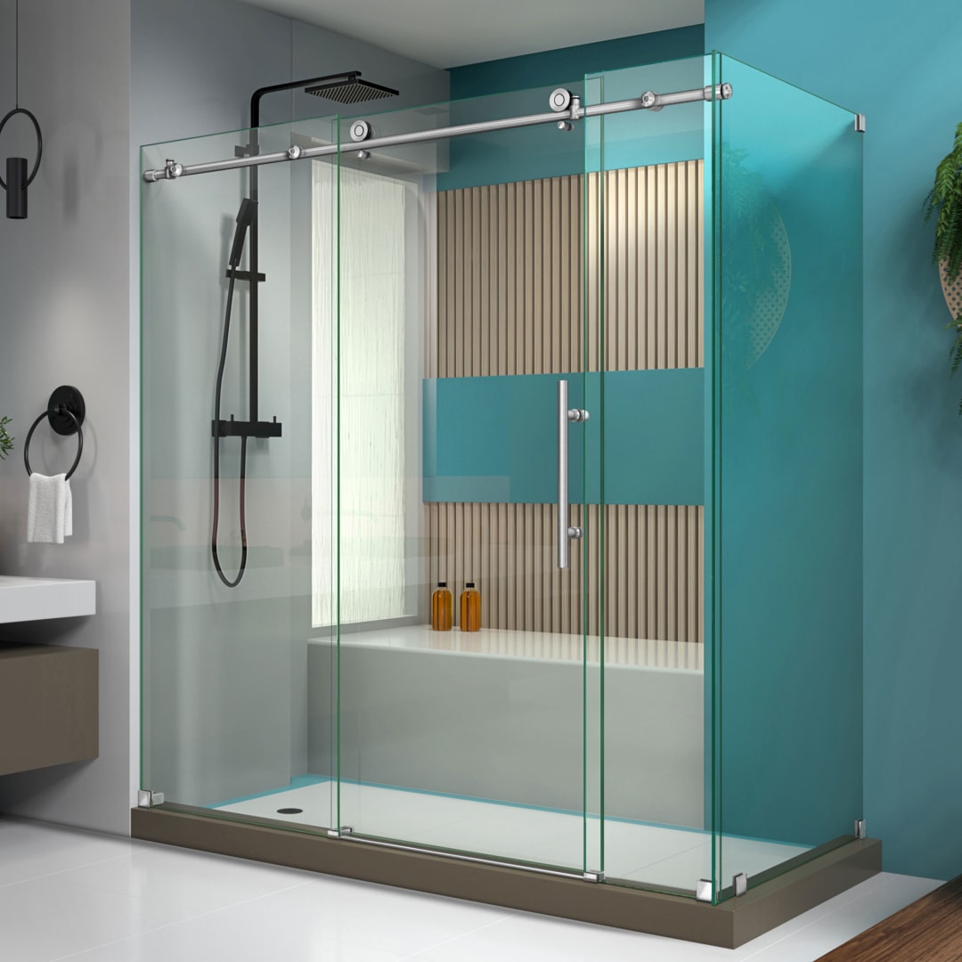 DreamLine Enigma-X 32 1/2 inch D x 68 3/8 - 72 3/8 inch W x 76 inch H Frameless Sliding Shower Enclosure in Brushed Stainless Steel and Clear Glass