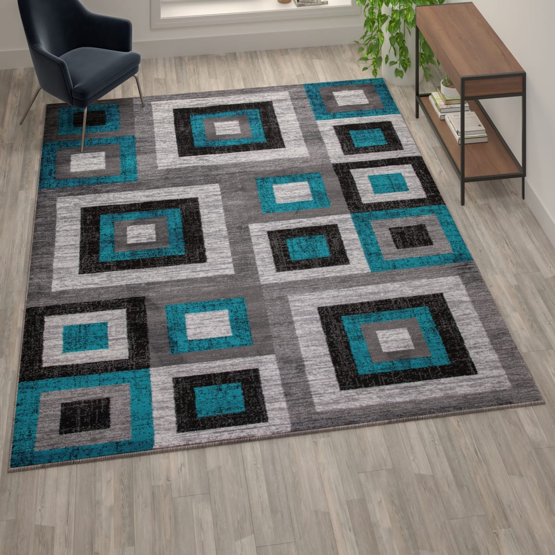 Gideon Collection Geometric 8' x 10' Turquoise, Grey, and White Olefin Area Rug with Cotton Backing, Living Room, Bedroom