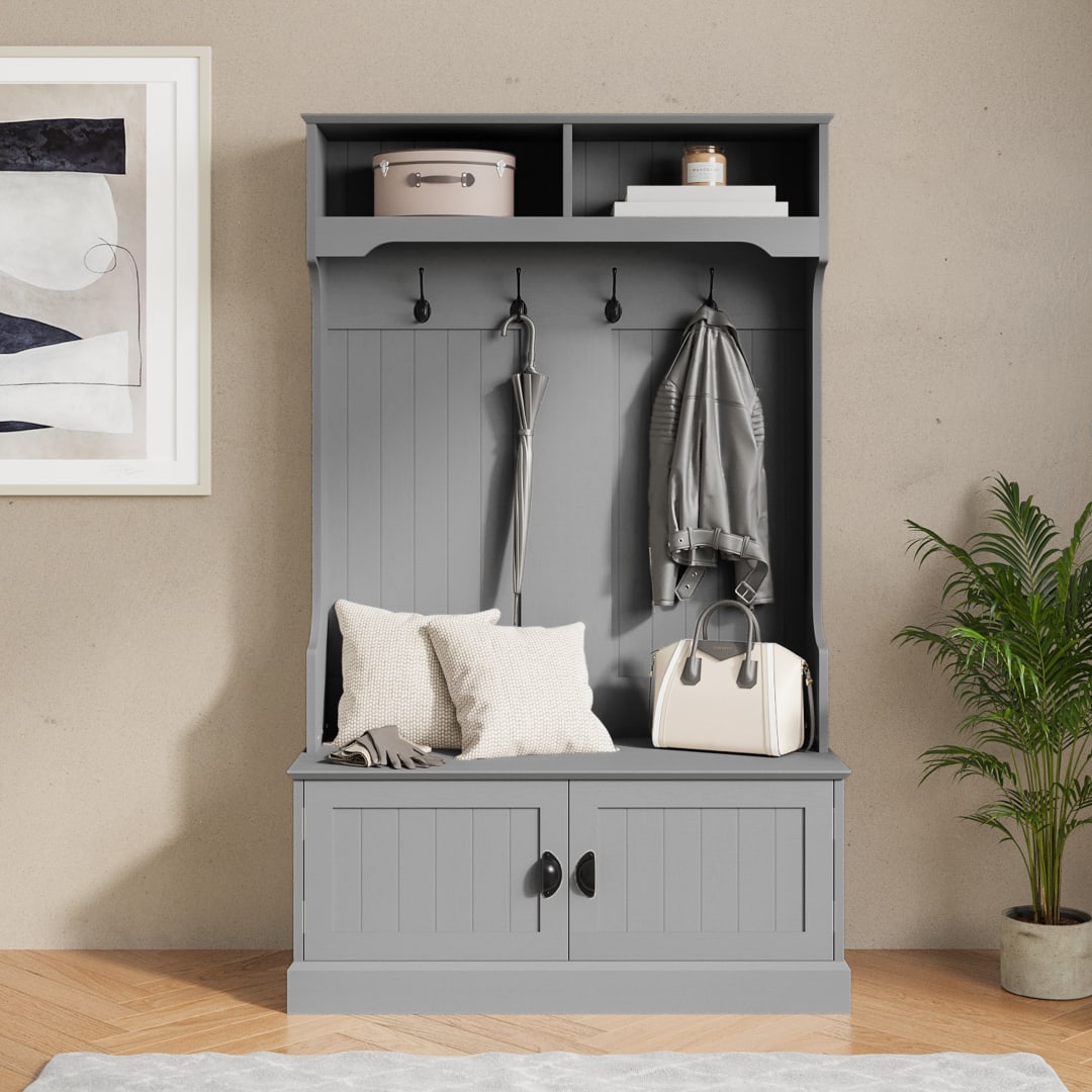 Fraser 40" Wide Hall Tree with Double Door Storage Bench, Coat Rack with 4 Black Double Hooks, and 2 Upper Storage Cubbies in Gray