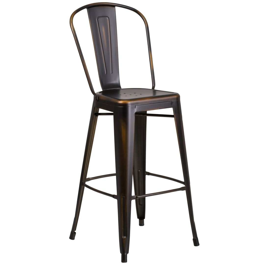 Cindy Commercial Grade 30" High Distressed Copper Metal Indoor-Outdoor Barstool with Back