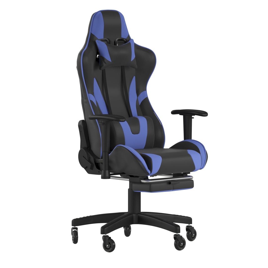 X30 Gaming Chair Racing Computer Chair with Reclining Back, Slide-Out Footrest, and Transparent Roller Wheels in Blue LeatherSoft