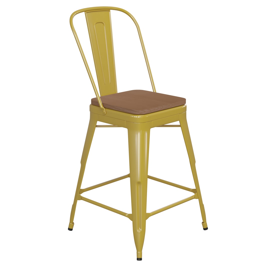 Kai Commercial Grade 24" High Yellow Metal Indoor-Outdoor Counter Height Stool with Removable Back and Teak All-Weather Poly Resin Seat
