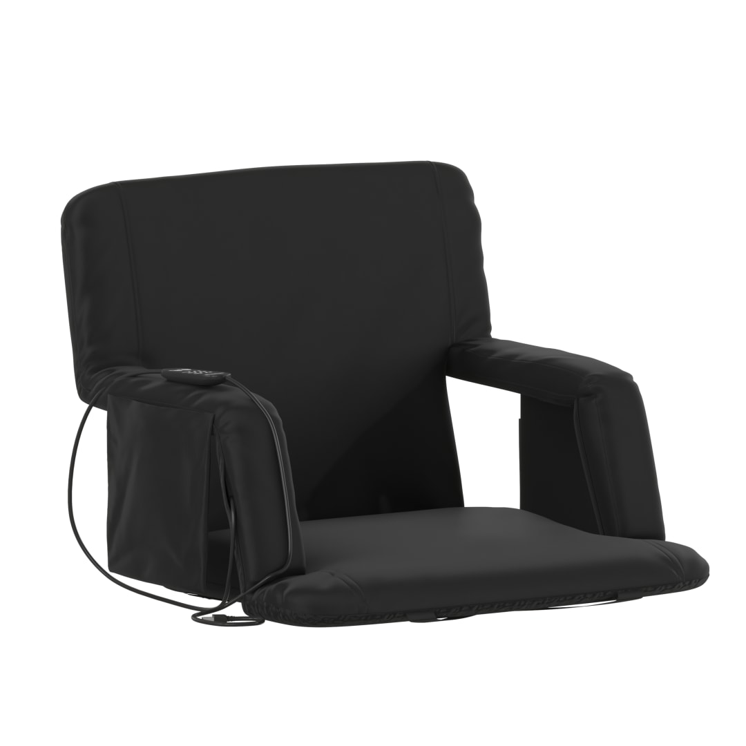Malta Black Portable Heated Reclining Stadium Chair with Armrests, Heated Padded Back &amp; Heated Seat with Dual Storage Pockets and Backpack Straps