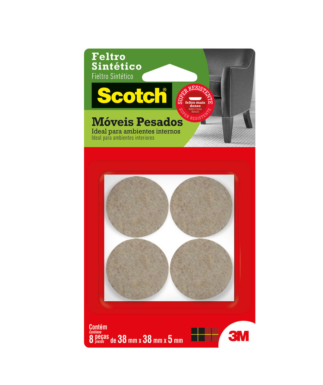 Feltro Sintético para Móveis Pesados 3M™ Scotch™ Redondo, Marrom, Médio, 8 Unidades