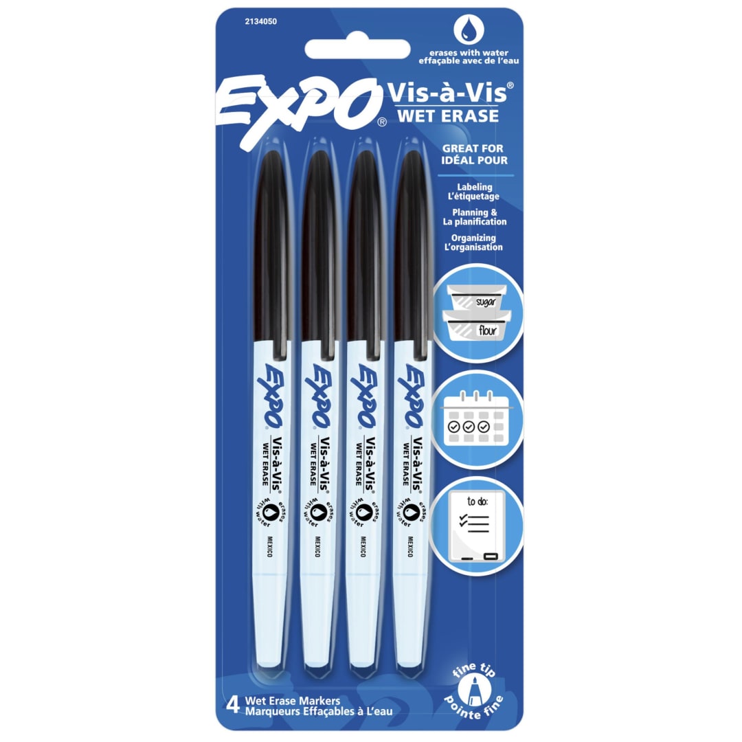 EXPO® Vis-a-Vis Wet Erase Markers, Fine Point, Black, 4 Count