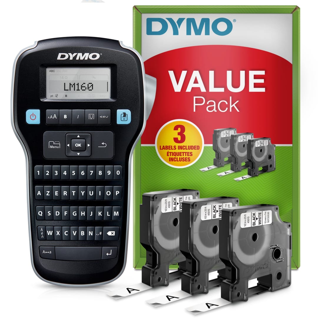 DYMO® Kit de base avec étiqueteuse LabelManager 160 | Imprimante Portable d'Étiquettes Autocollantes | avec 3 rouleaux de ruban pour étiquettes DYMO® D1 | Clavier AZERTY | Idéal pour le bureau ou la maison