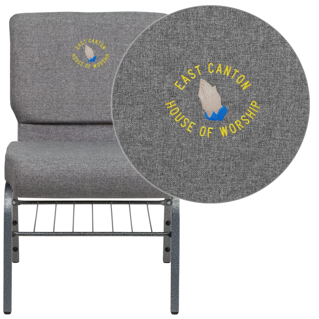 Embroidered HERCULES Series 21''W Church Chair in Gray Fabric with Book Rack - Silver Vein Frame