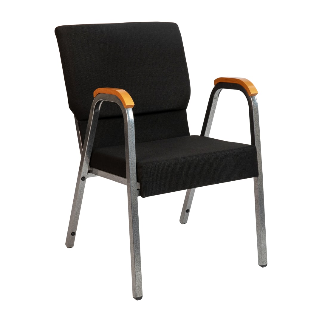 HERCULES Series 21"W Stacking Wood Accent Arm Church Chair in Black Fabric - Silver Vein Frame