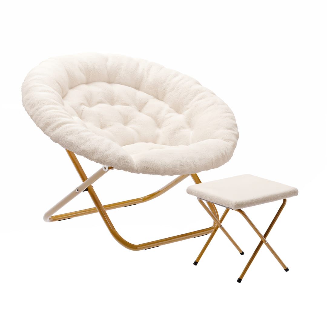 Gwen 38" Oversize Portable Faux Shearling Folding Saucer Moon Chair with Folding Ottoman for Dorm and Bedroom, Ivory Faux Shearling/Soft Gold Frame