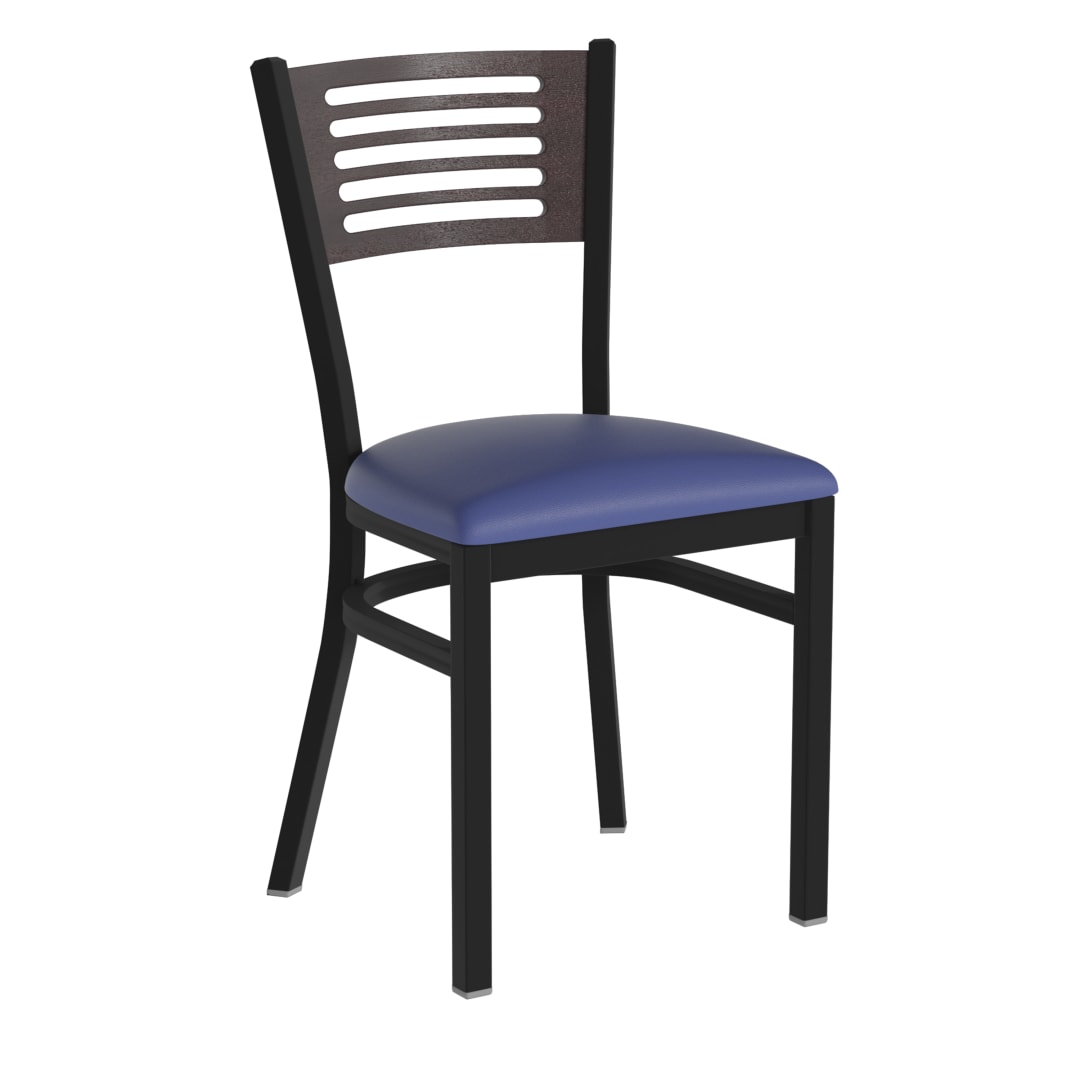 HERCULES Black Slat Back Metal Restaurant Chair - Walnut Wood Back, Blue Vinyl Seat