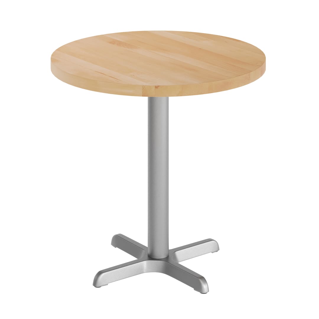 Bennett 30" Round Solid Wood Commercial Indoor Tabletop in Natural with 22" x 22" Table Height Rust-Resistant Silver Cast Iron X-Base