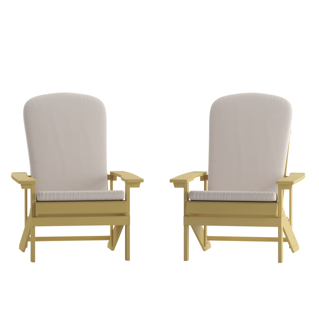 Charlestown Set of 2 All-Weather Poly Resin Wood Adirondack Chairs in Yellow with Cream Cushions for Deck, Porch, and Patio