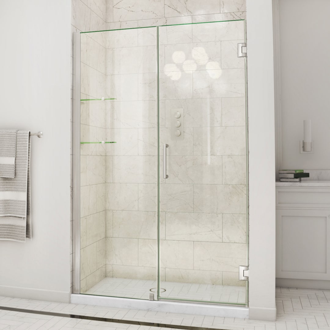 DreamLine Unidoor 47 - 48 inch W x 72 inch H Frameless Hinged Shower Door with Shelves in Brushed Nickel