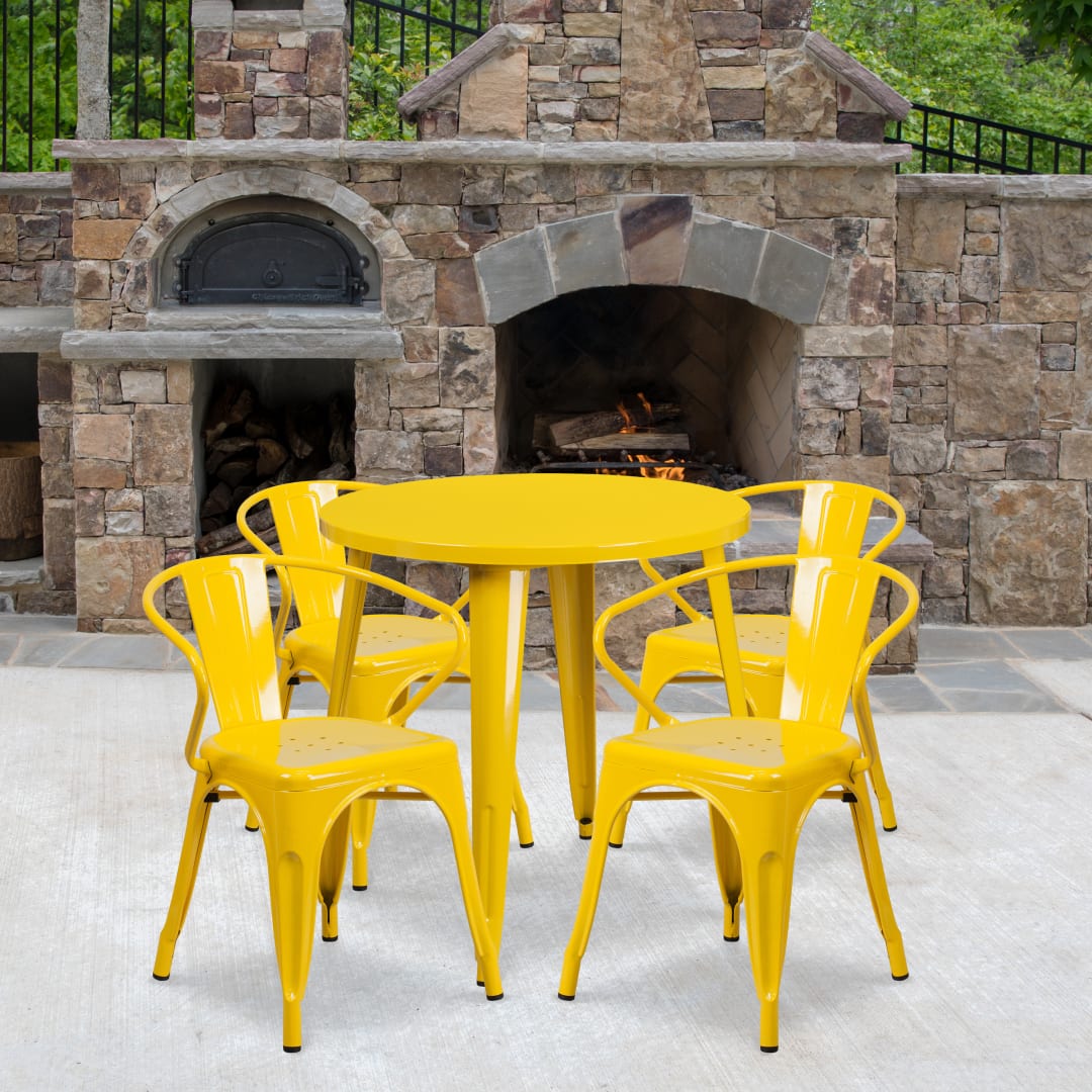 Cory Commercial Grade 30" Round Yellow Metal Indoor-Outdoor Table Set with 4 Arm Chairs