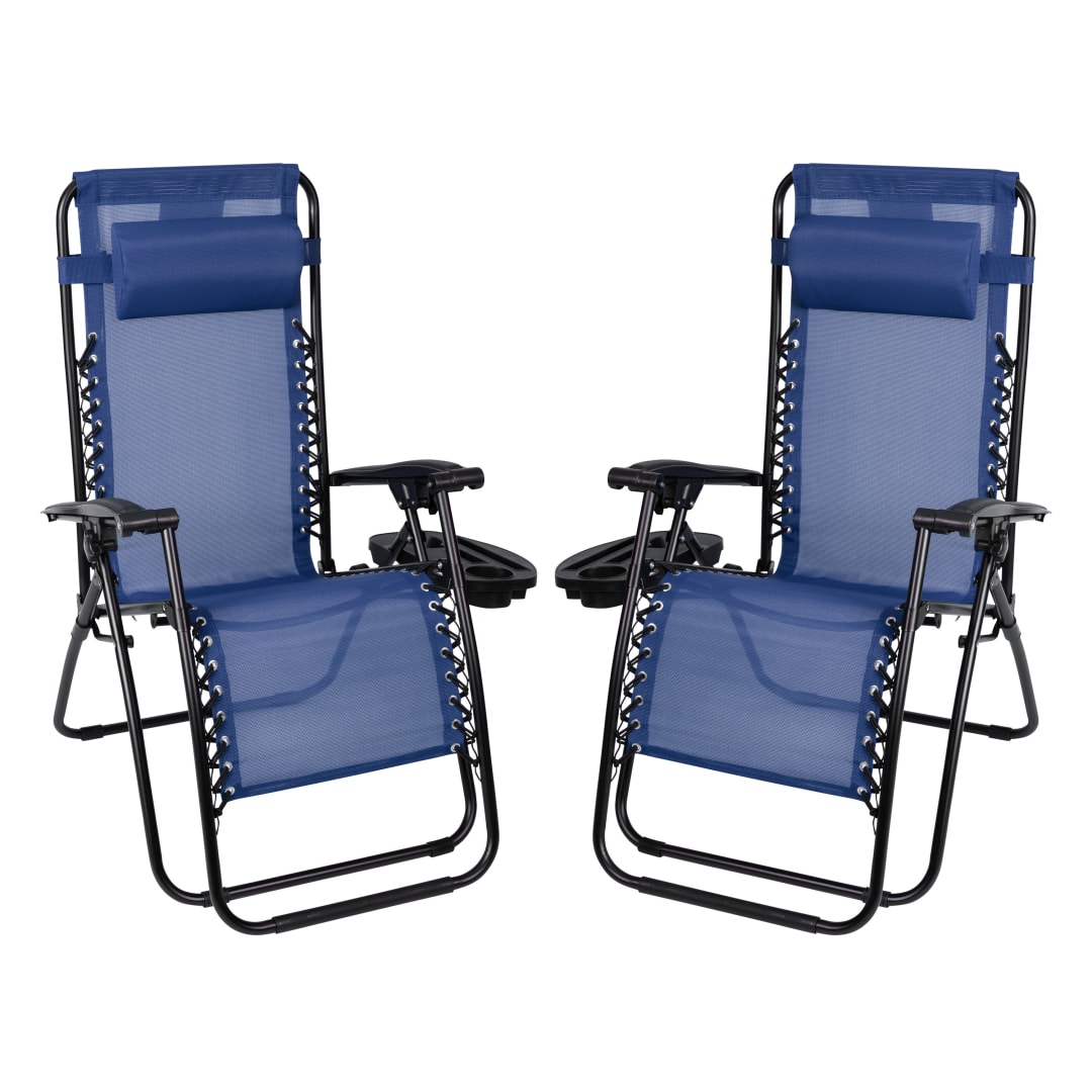 Celestial Adjustable Folding Mesh Zero Gravity Reclining Lounge Chair with Pillow and Cup Holder Tray in Navy