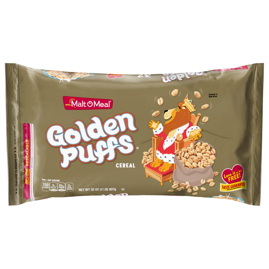 Malt-O-Meal Golden Puffs Breakfast Cereal, Sweetened Puffed Wheat Cereal, 32 oz Resealable Bag