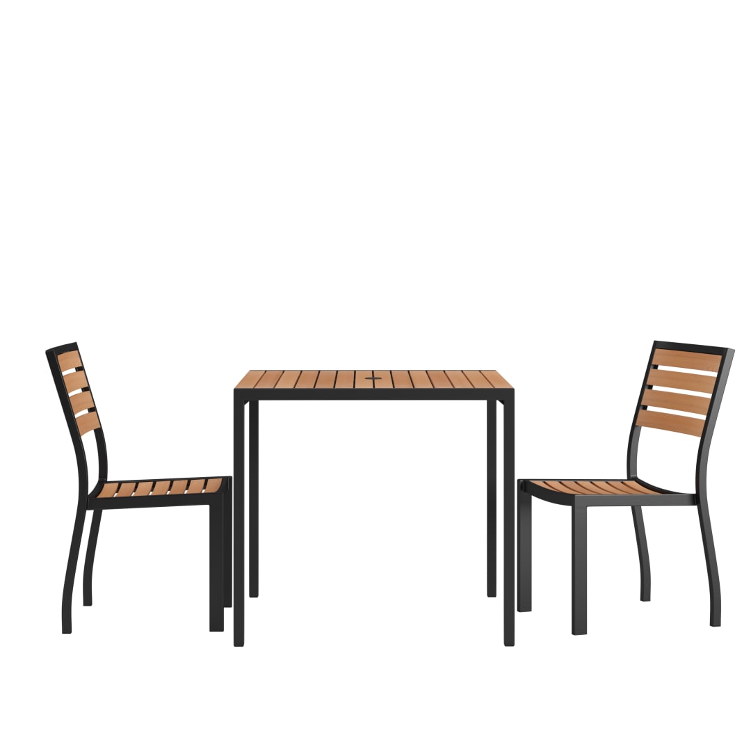 Lark 3 Piece Patio Table Set - Synthetic Teak Poly Slats - 35" Square Steel Framed Table with 2 Stackable Faux Teak Chairs