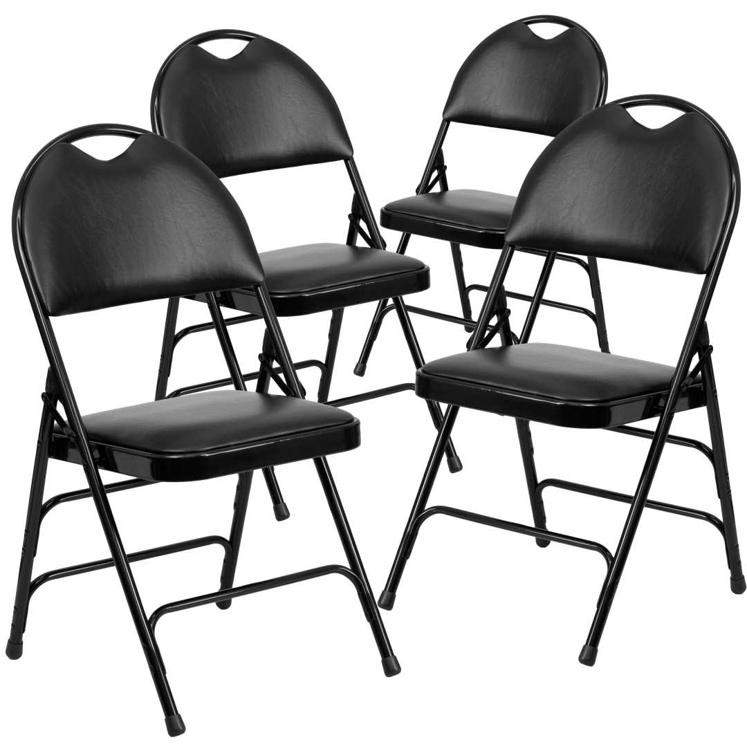 4 Pack HERCULES Series Ultra-Premium Triple Braced Black Vinyl Metal Folding Chair with Easy-Carry Handle