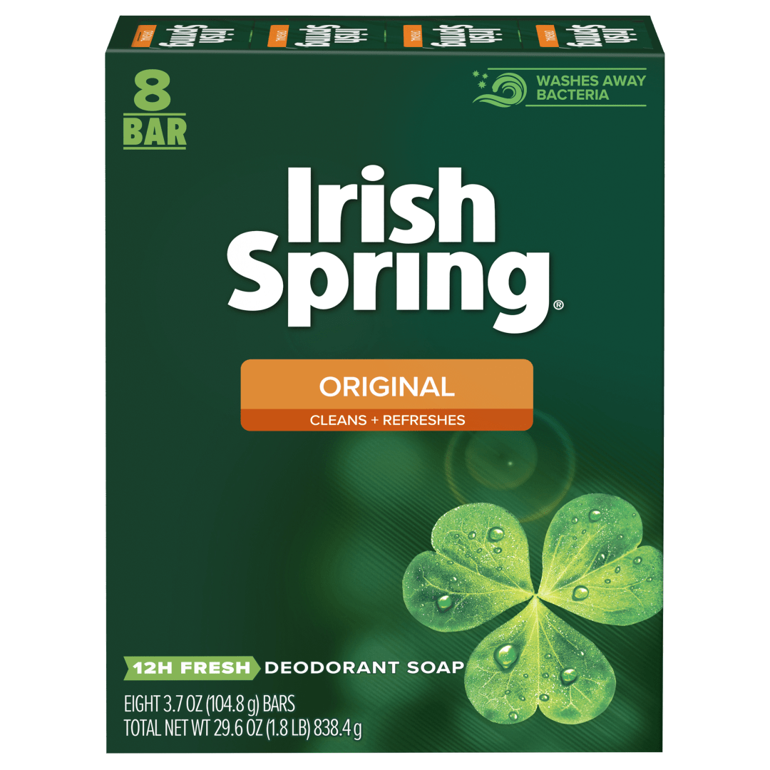 Irish Spring Original Mens Deodorant Bar Soap, Body and Hand Soap Bar Washes Away Bacteria, 3.7 Ounce, 8 Bars