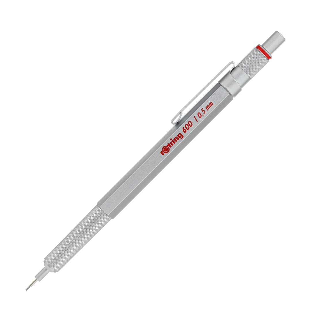 rOtring 600 Portaminas | 0,5 mm | Cuerpo metálico plateado Portaminas | Empuñadura antideslizante estriada y cuerpo hexagonal