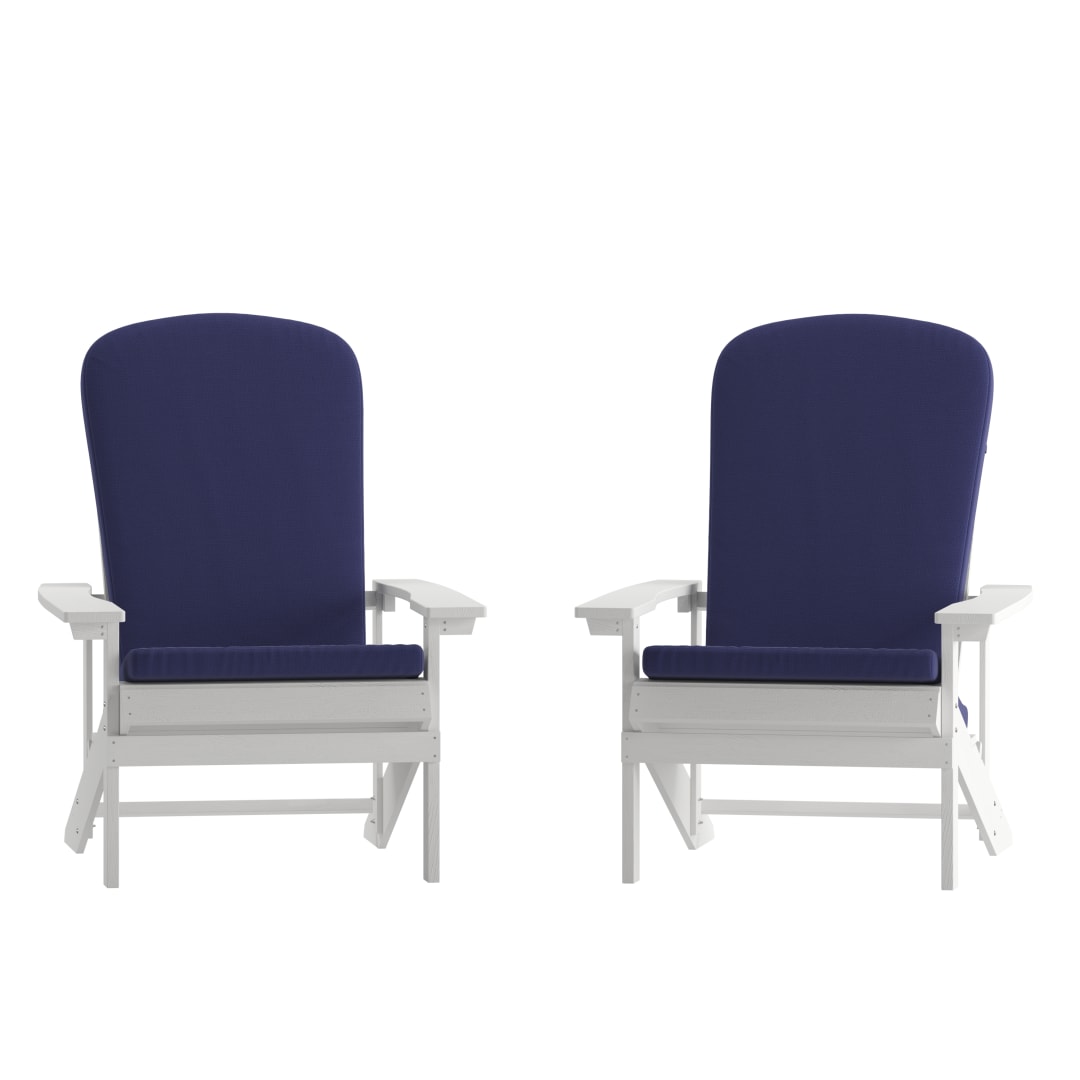 Charlestown Set of 2 All-Weather Poly Resin Wood Adirondack Chairs in White with Blue Cushions for Deck, Porch, and Patio