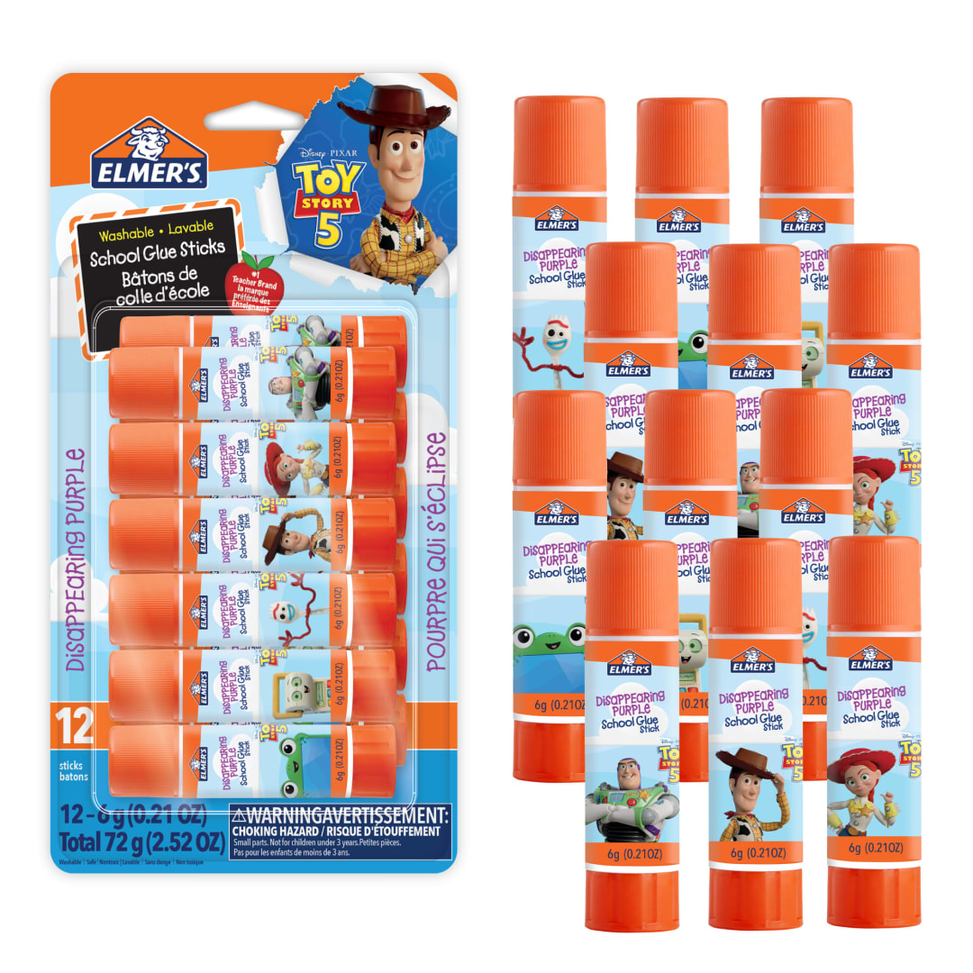 Elmer's Glue Sticks featuring Toy Story Characters, Disappearing Purple Glue Sticks, School Supplies, 6g, 12 Count