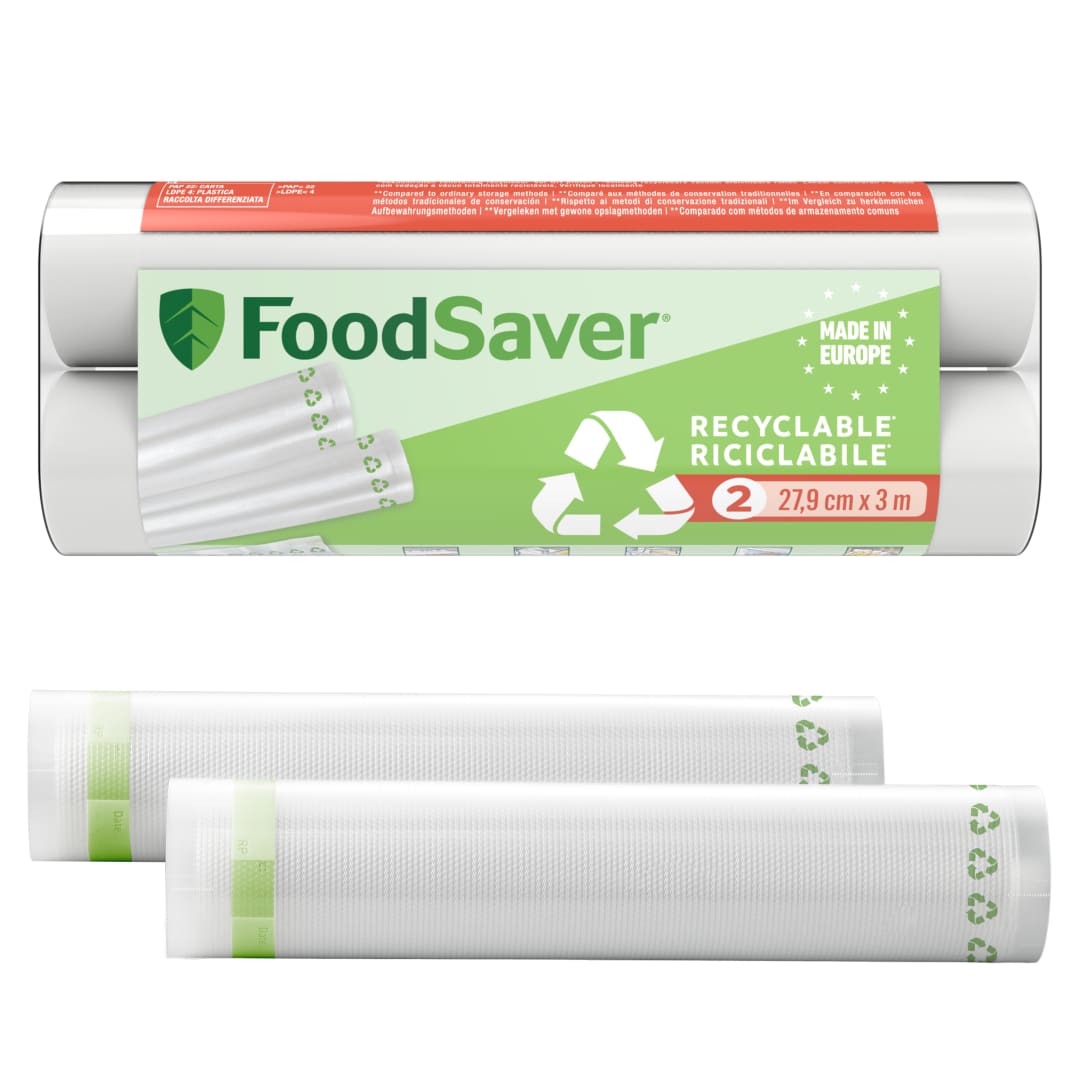 FoodSaver rollos de envasado al vacío | Reciclables y reutilizables | Mantiene los alimentos frescos hasta 5 veces más tiempo | Sin BPA | 2 rollos para congelar y cocer a fuego lento (28 cm × 3 cm)