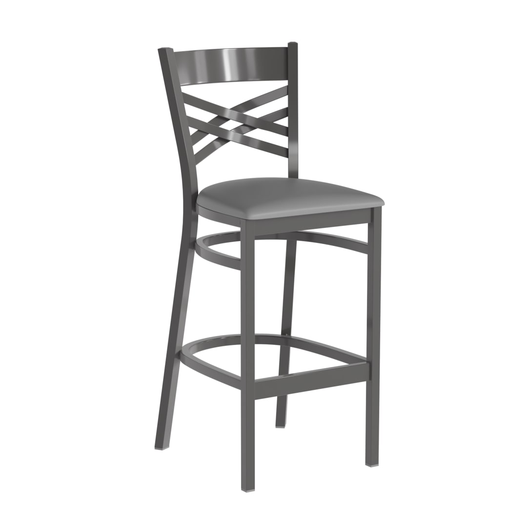 HERCULES Silver Antique Finish with Clear Coat ''X'' Back Metal Restaurant Barstool - Gray Vinyl Seat