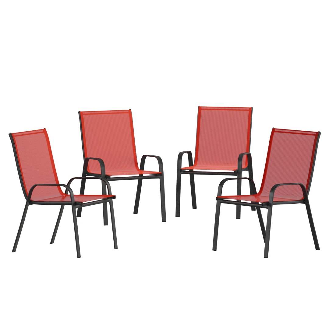 4 Pack Brazos Series Black Outdoor Stack Chair with Flex Comfort Material and Metal Frame