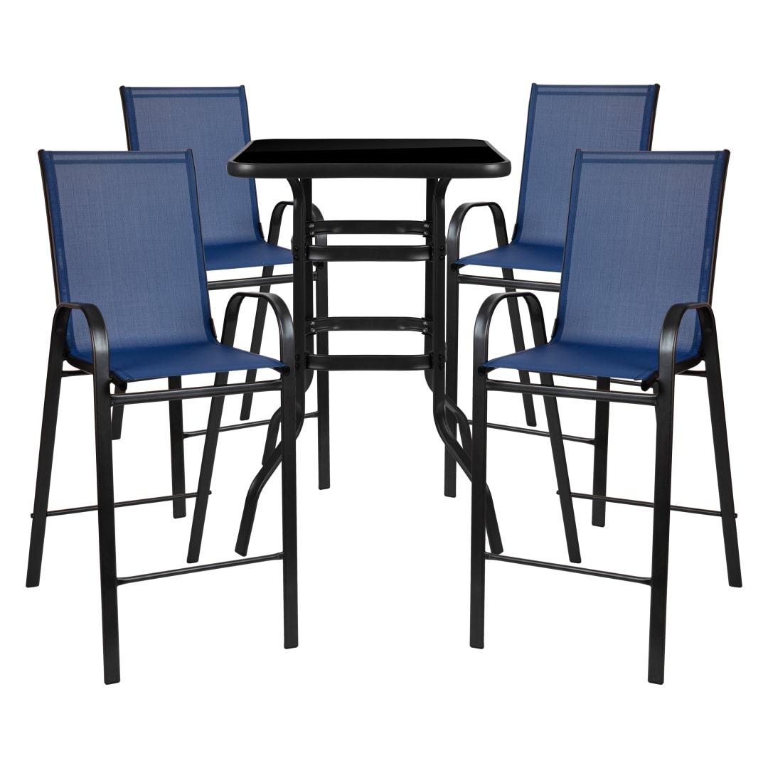 Brazos Outdoor Dining Set - 4-Person Bistro Set - Brazos Outdoor Glass Bar Table with Navy All-Weather Patio Stools