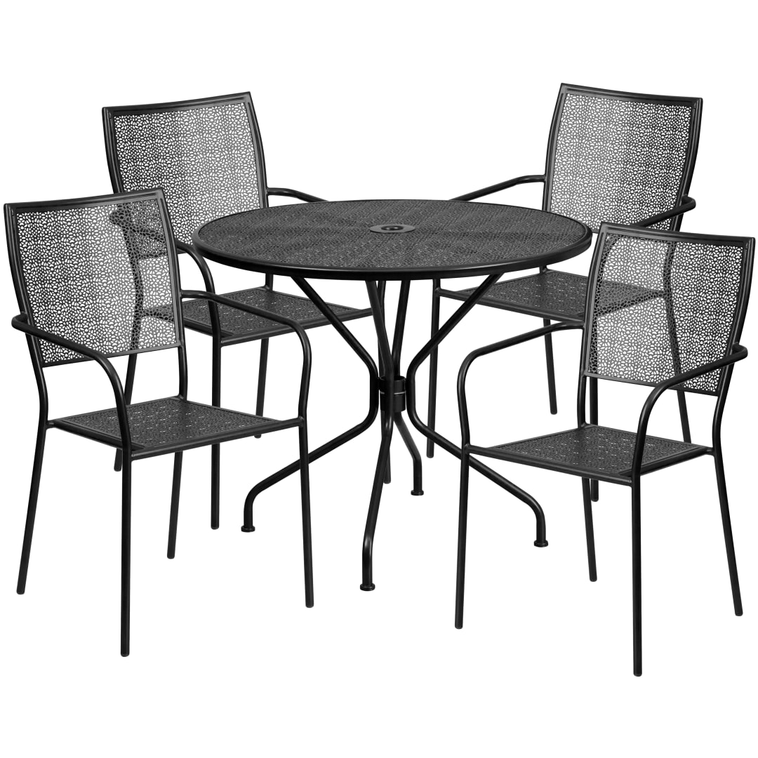 Oia Commercial Grade 35.25" Round Black Indoor-Outdoor Steel Patio Table Set with 4 Square Back Chairs