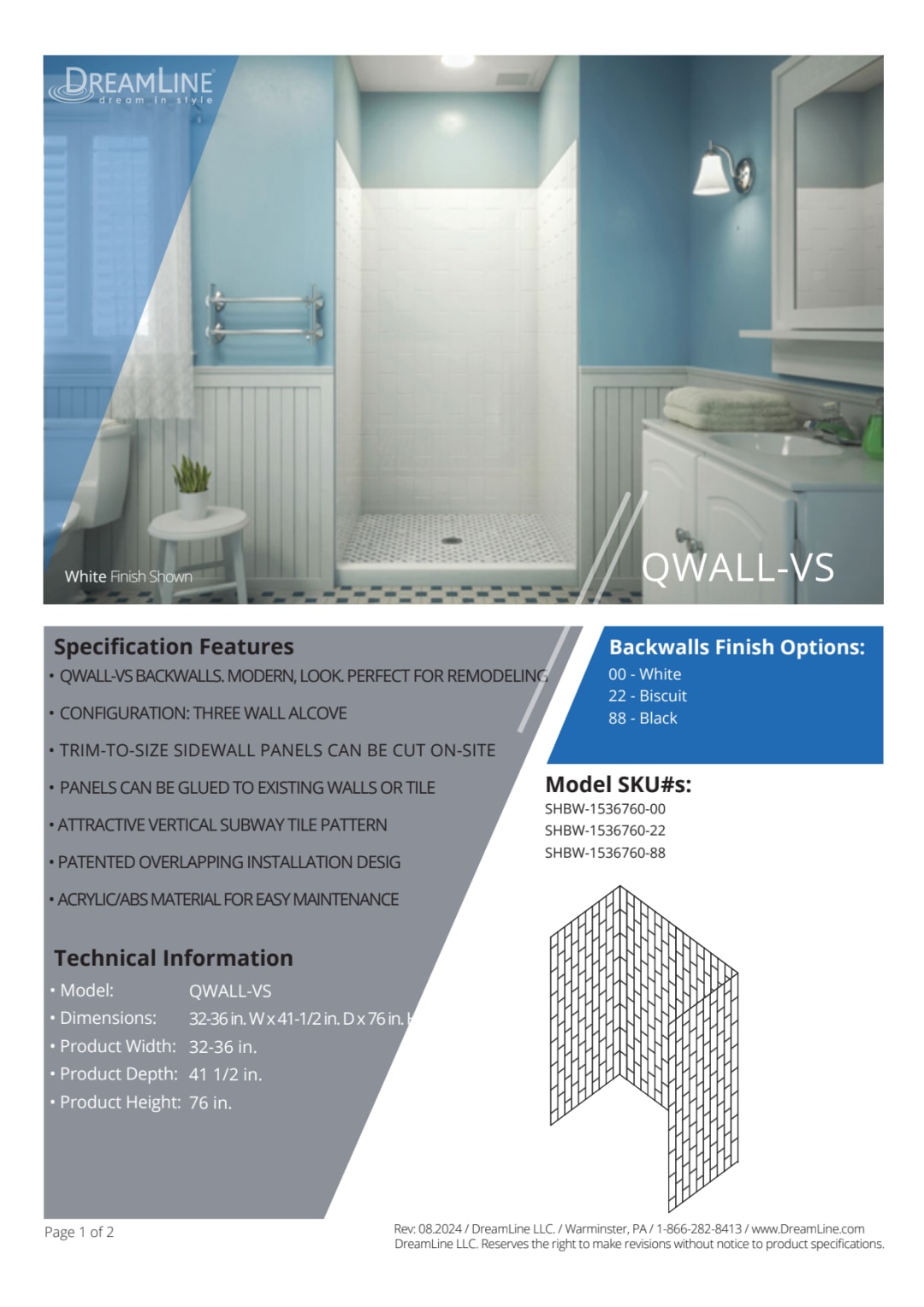 DreamLine QWALL-VS 32 - 36 inch W x 41 1/2 inch D x 76 inch H Acrylic ...