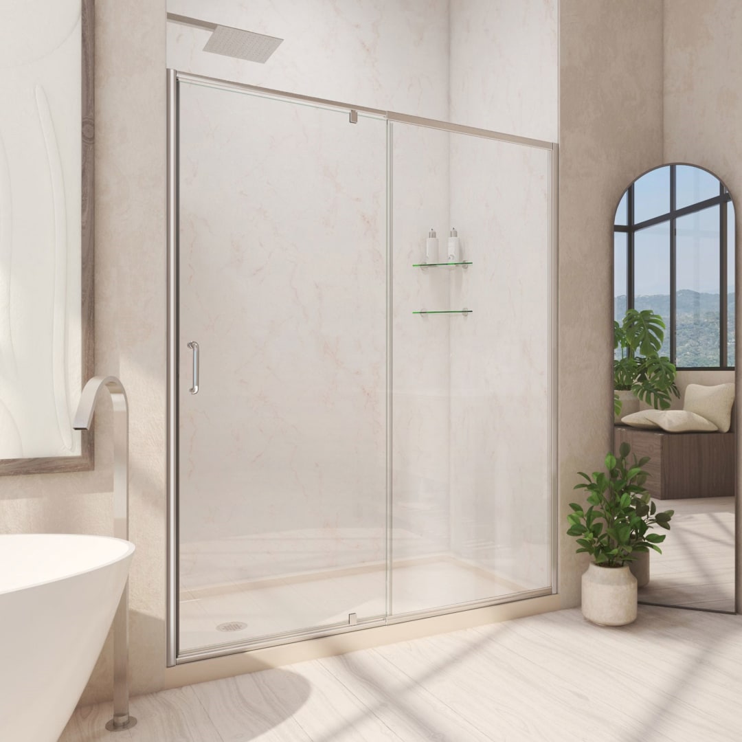 DreamLine Flex 32 inch D x 60 inch W x 74 3/4 inch H Semi-Frameless Pivot Shower Door in Brushed Nickel with Left Drain Biscuit Shower Base Kit