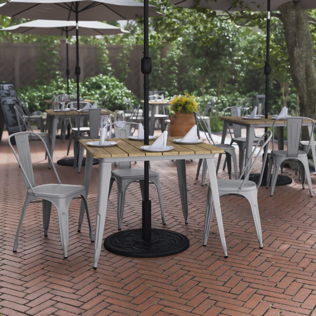 Declan Commercial Indoor/Outdoor Dining Table with Umbrella Hole, 36" Square All Weather Brown Poly Resin Top and Silver Steel Base