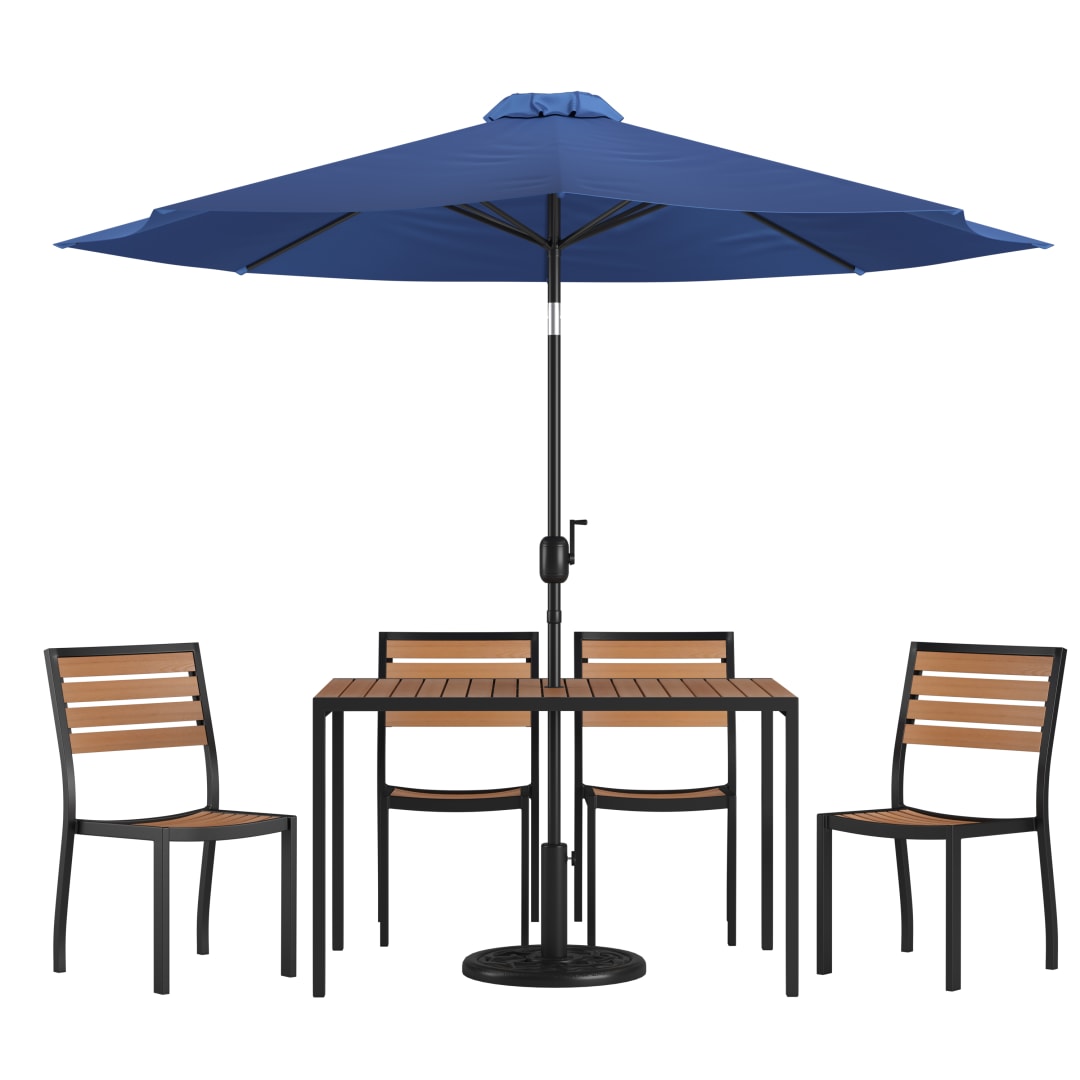 Lark 7 Piece All-Weather Deck or Patio Set - 4 Stacking Faux Teak Chairs, 30" x 48" Faux Teak Table, Navy Umbrella & Base