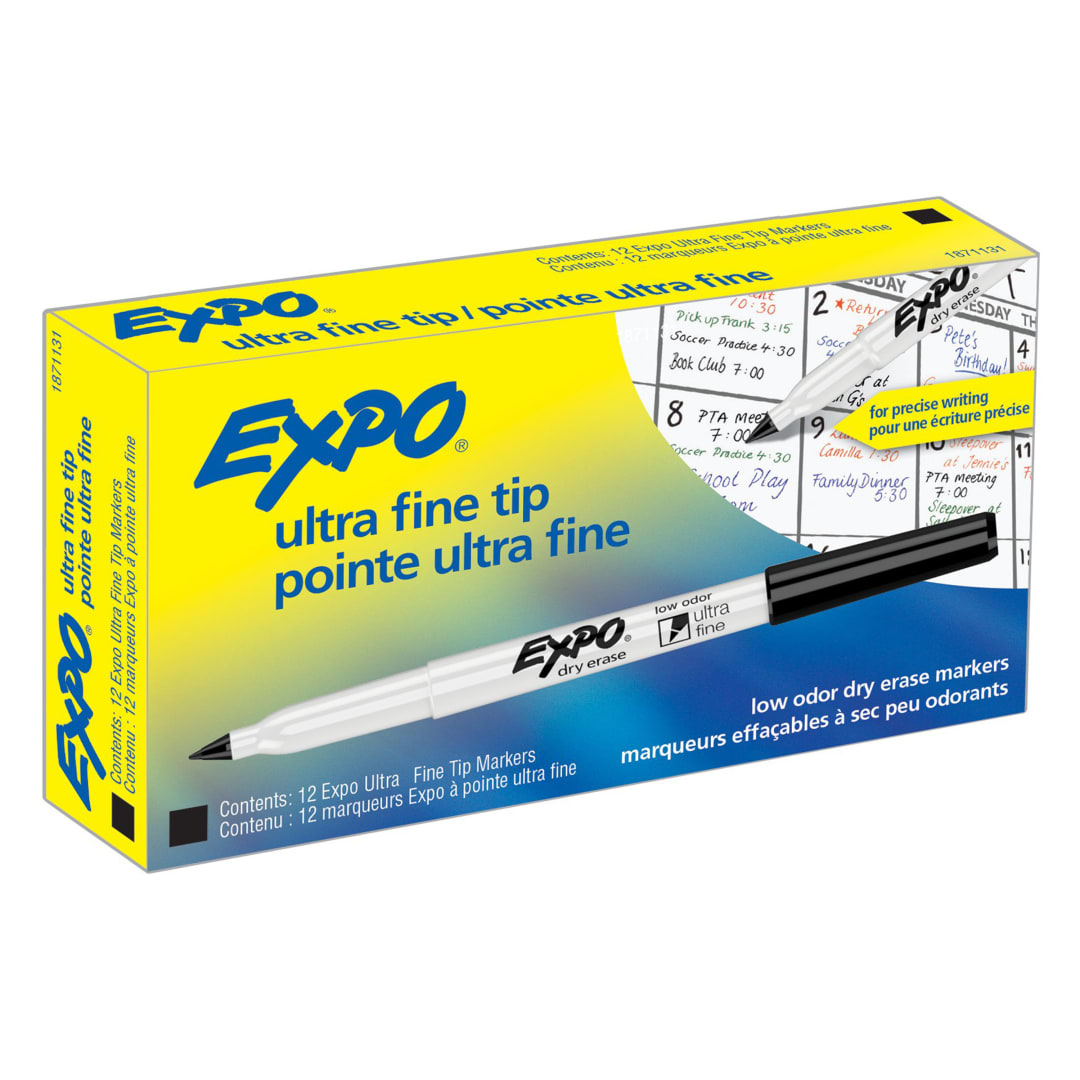 EXPO® Low Odor Dry Erase Markers, Ultra-Fine Tip, Black, 12 Count