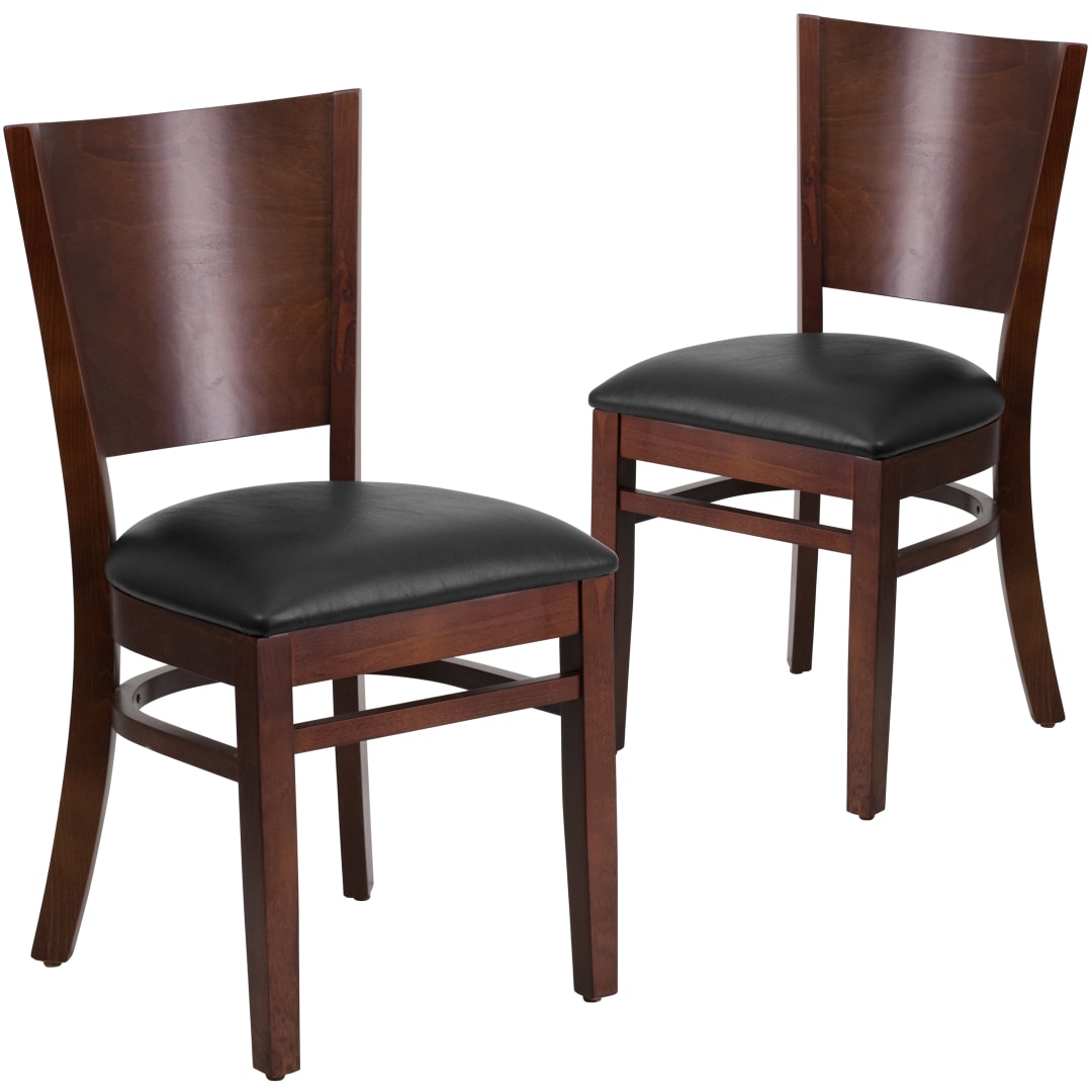 2 Pack Lacey Series Solid Back Walnut Wood Restaurant Chair - Black Vinyl Seat