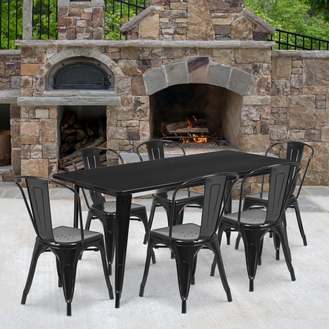 Gilbert Commercial Grade 31.5" x 63" Rectangular Black Metal Indoor-Outdoor Table Set with 6 Stack Chairs