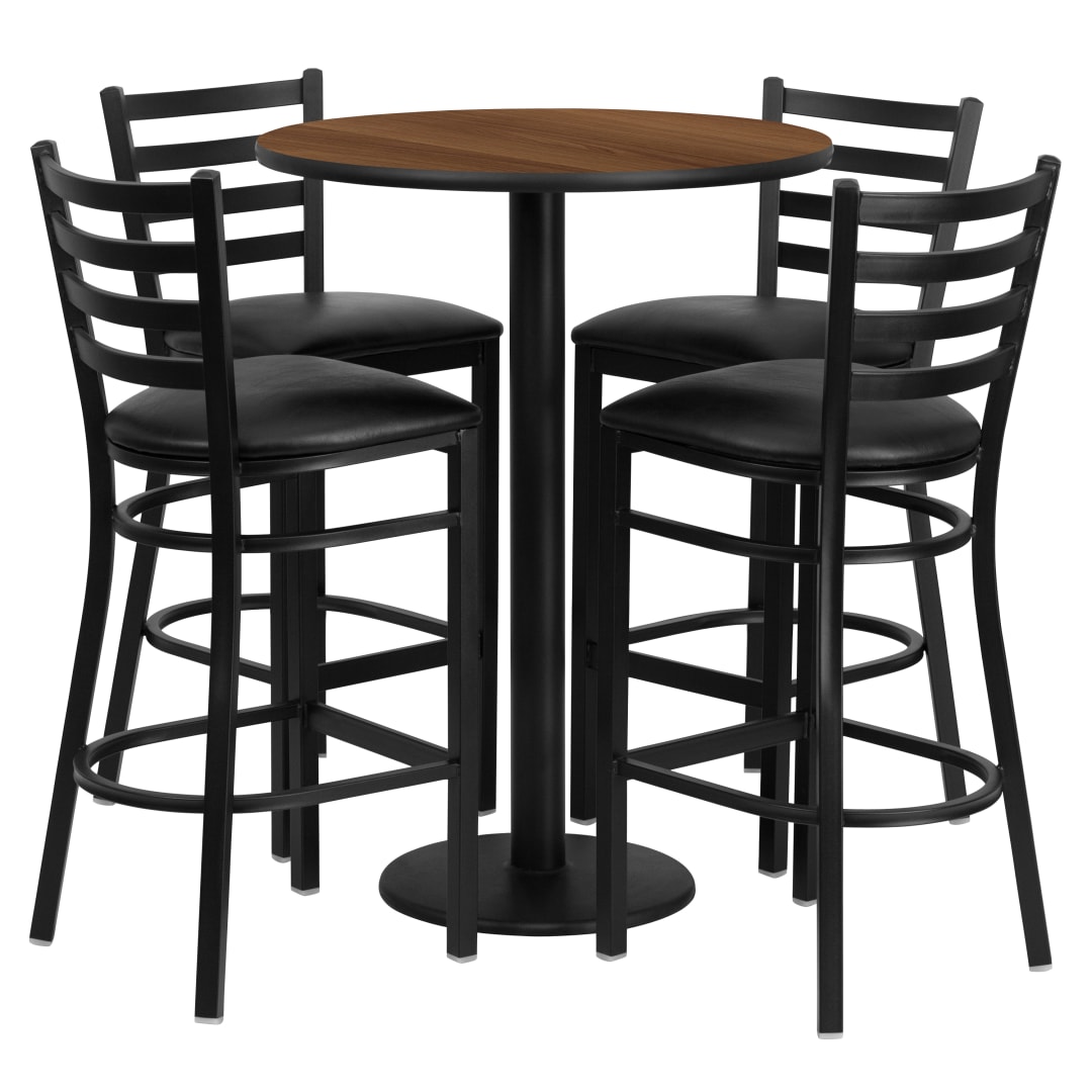 Jamie 30'' Round Walnut Laminate Table Set with Round Base and 4 Ladder Back Metal Barstools - Black Vinyl Seat