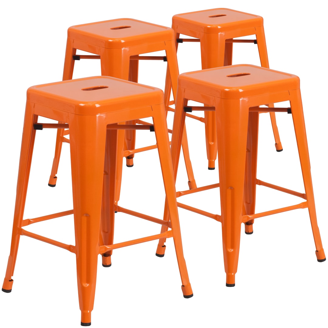 Lily 4 Pack Commercial Grade 24" High Backless Orange Metal Indoor-Outdoor Counter Height Stool with Square Seat