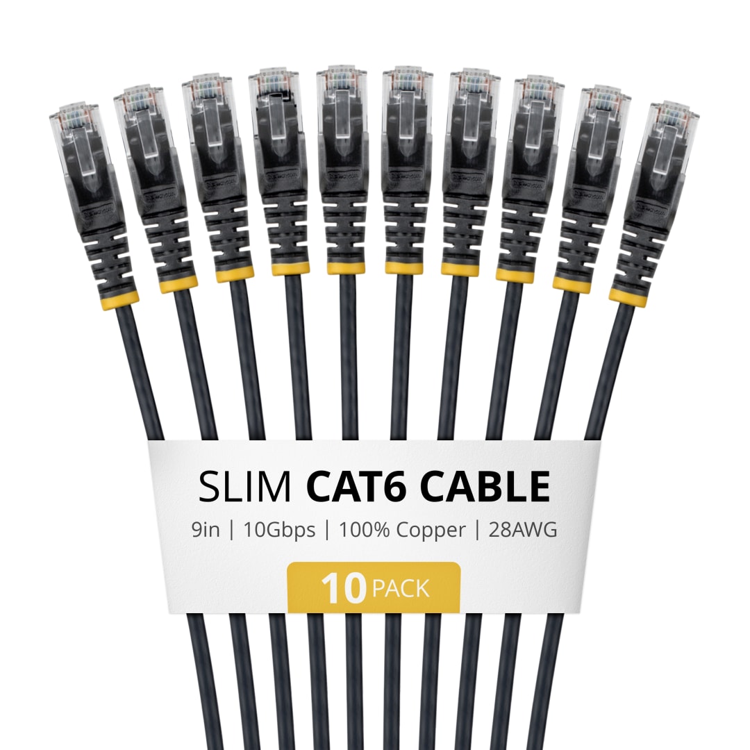 9in. CAT6 Ethernet Cable - Slim  28AWG - LSZH - Black - 10pk