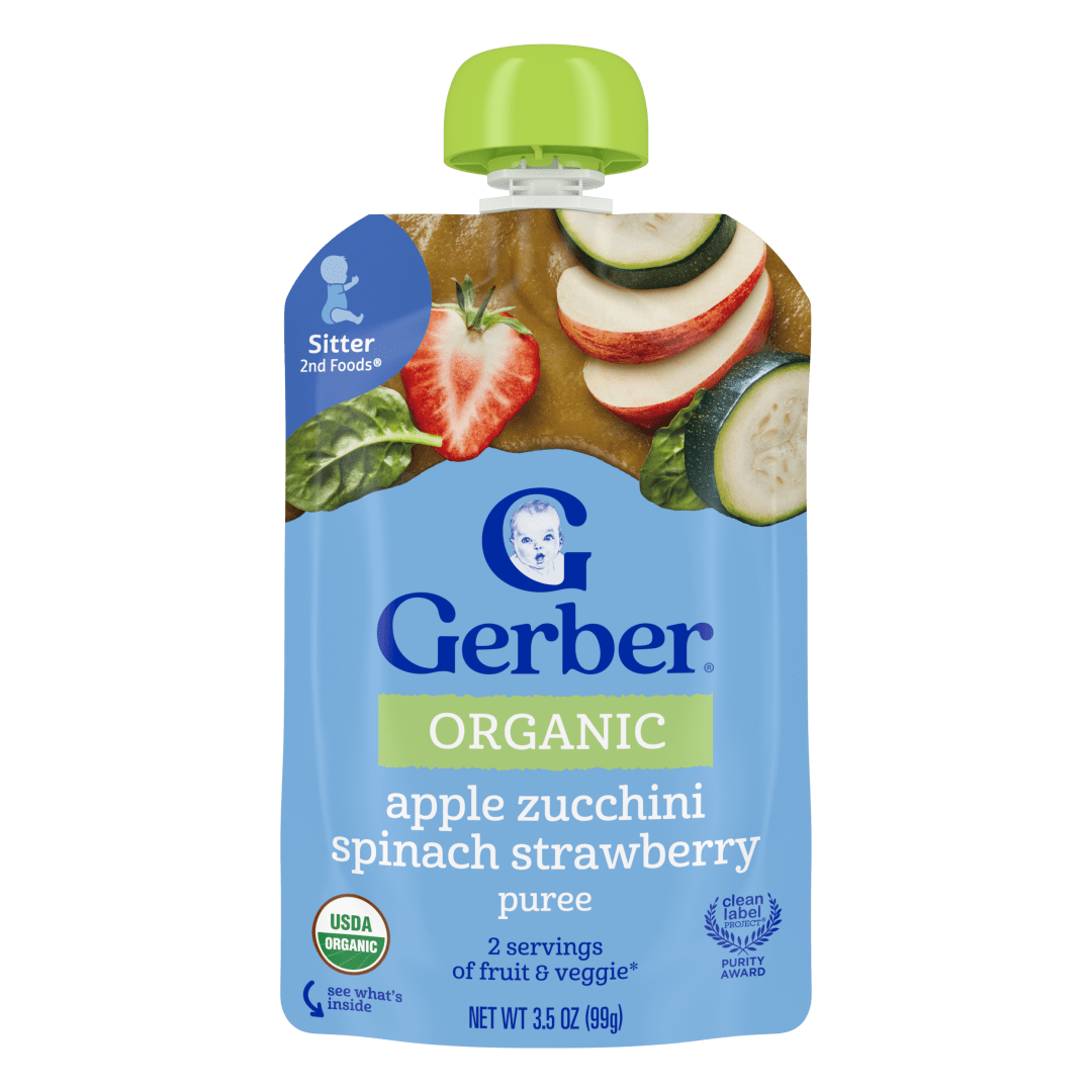 Gerber Stage 2 Baby Food, Organic Apple Zucchini Spinach Strawberry Puree Pouch