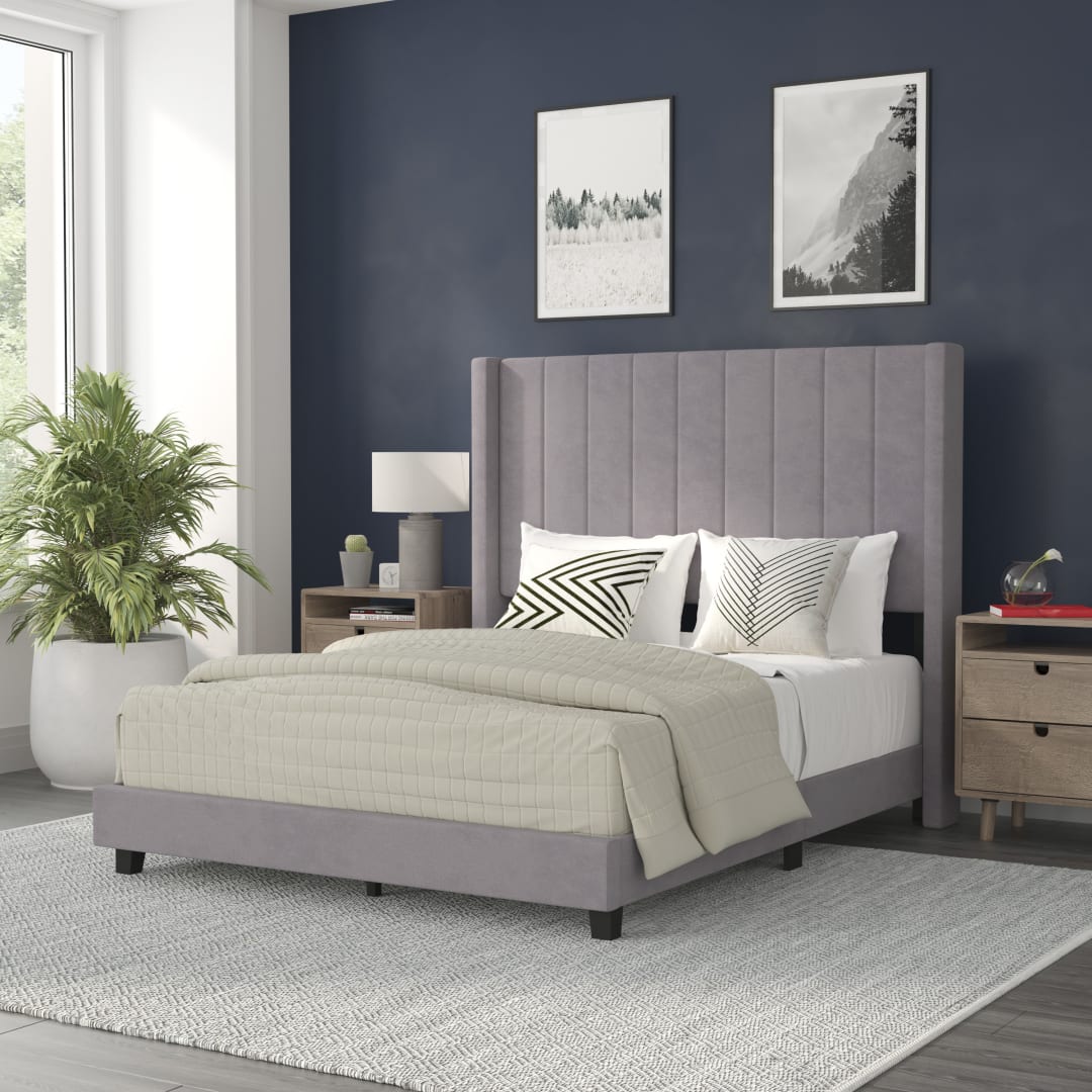Bianca Full Upholstered Platform Bed with Vertical Stitched Wingback Headboard, Slatted Mattress Foundation, No Box Spring Needed, Gray Velvet