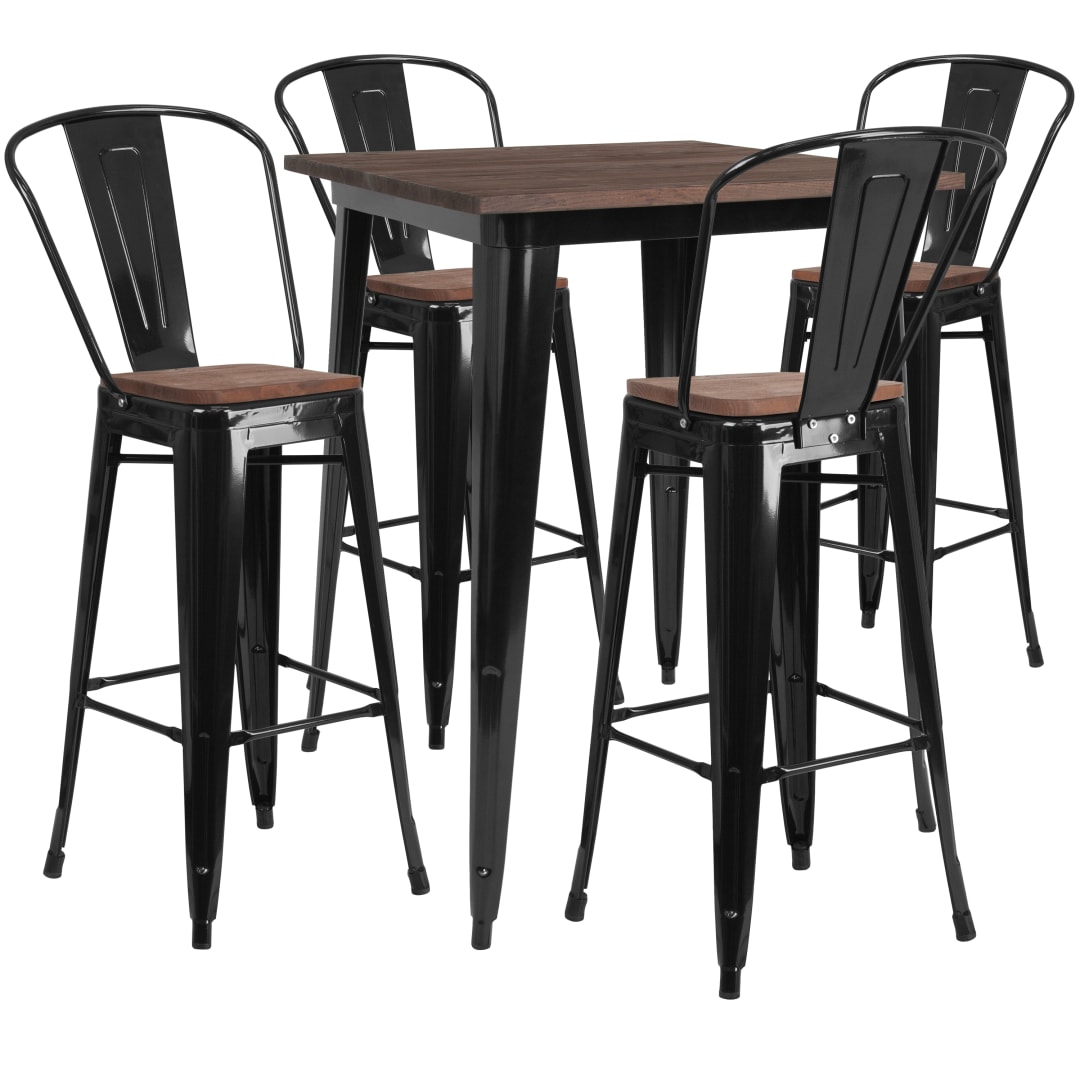 Bailey 31.5" Square Black Metal Bar Table Set with Wood Top and 4 Stools
