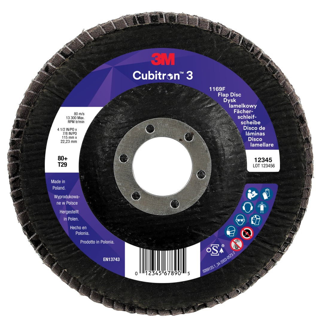 3M™ Cubitron™ 3 Flap Disc 1169F, 80+, T29-Conical, 115 mm x 22.23 mm, 10/Pack, 100 ea/Case