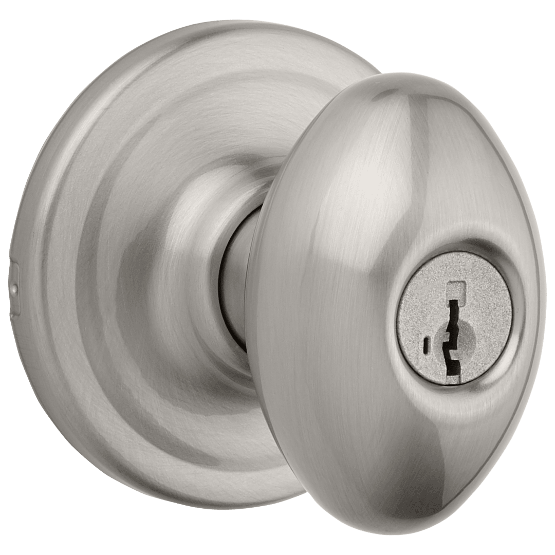 Laurel Keyed Entry Knob featuring SmartKey Security™ in Satin Nickel