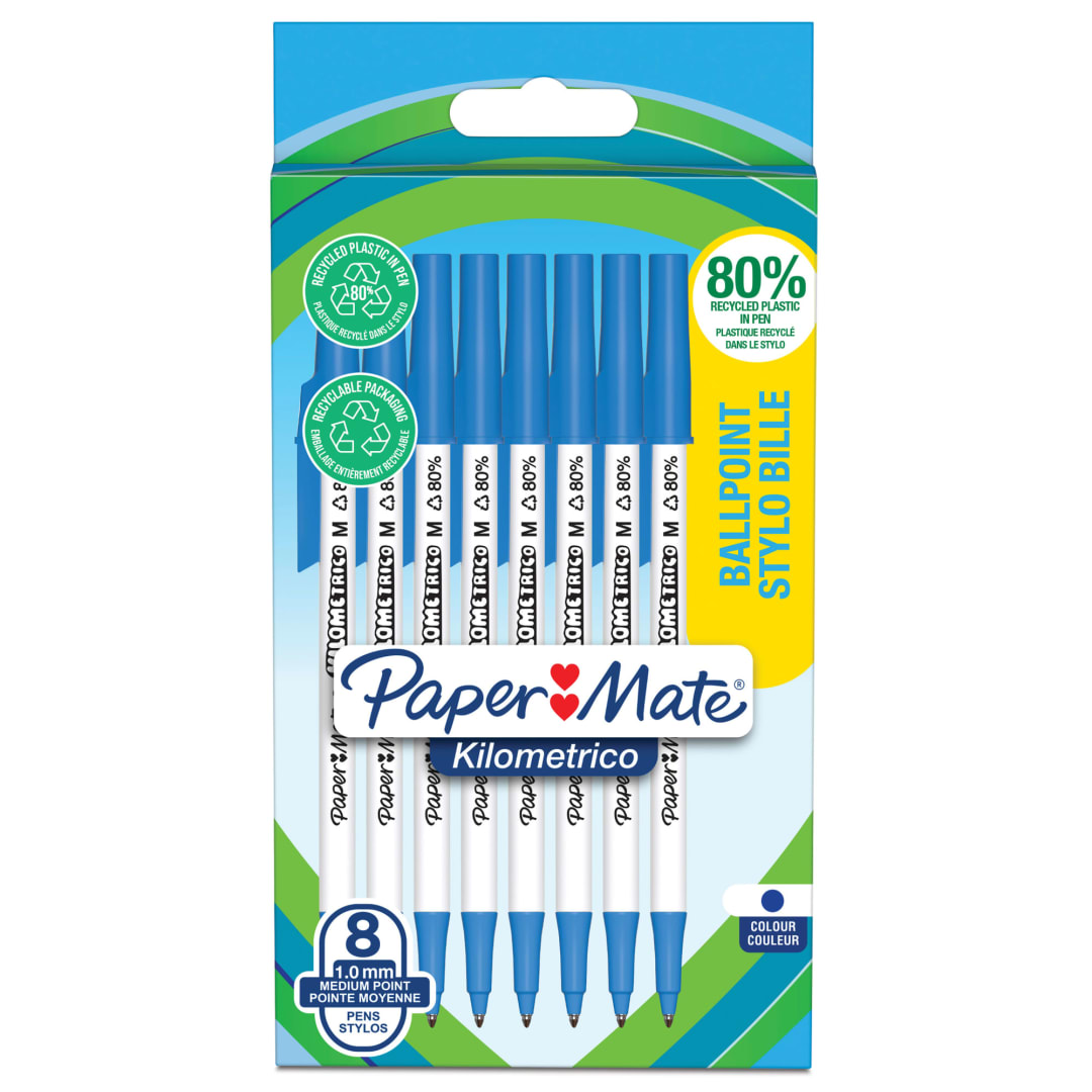 Paper Mate® Kilometrico Ballpoint Pens | Long Writing with Medium Point (1.0mm) | Blue Ink | 80% recycled Plastic | 8 Count